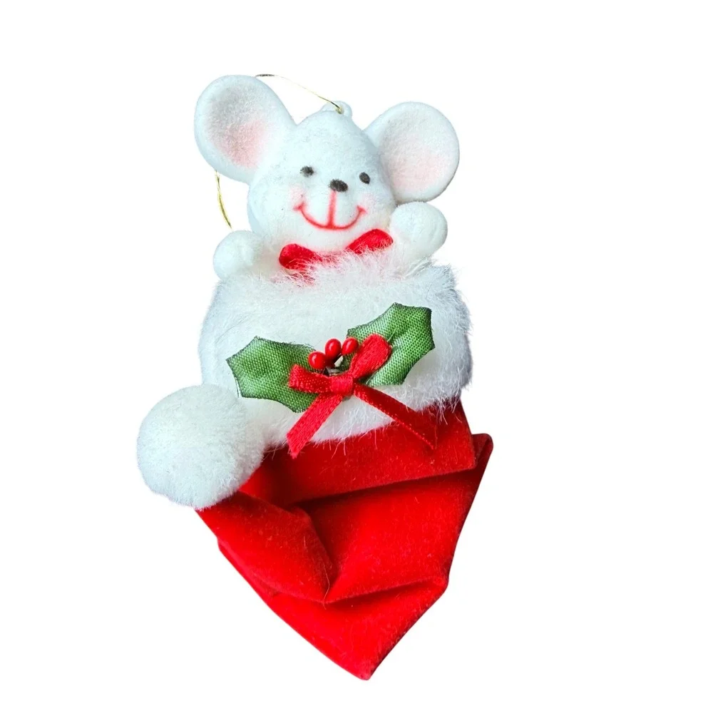 Vintage Avon Peek-A-Boo Mouse Christmas Ornament Red Stocking Flocked Mouse
